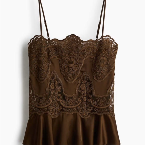 H&M Edition Brown Lace-Detail Satin Camisole Top. Large. NWT 1333829001 - Picture 2 of 7